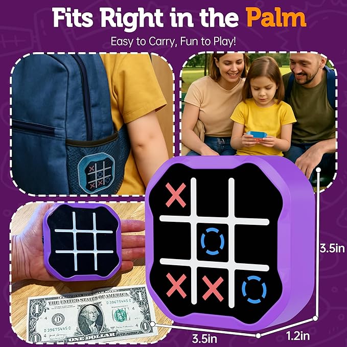 3 in 1 Electronic Tic Tac Toe Game, Handheld Digital Tic Tac Toe Bolt Game with Silent Mode, Portable Learing Toy Gift for Kids & Adults, Purple(One Pack)