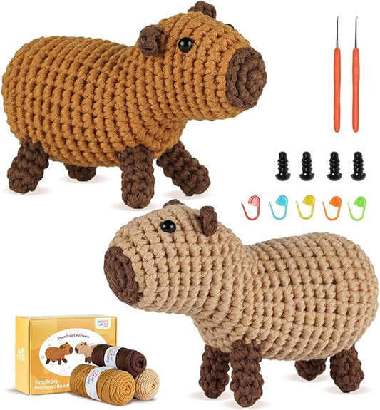 MOREJMTT Crochet Kit for Beginners, Learn to Crochet, Include Easy Knitting Soft Yarn, Step-by-Step Video Tutorial, Hook, Holiday Birthday Gift for Adults and Kids(2 Pack Capybara)