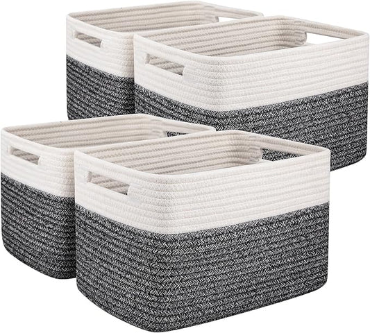 OIAHOMY 4 Pack Storage Baskets for Organizing, Basket for Shelves with Handle, Woven Baskets for Storage Toys, Towels, Books, Cotton Rope Basket 13" L x 9 " W x 7.8 " H, Black & White
