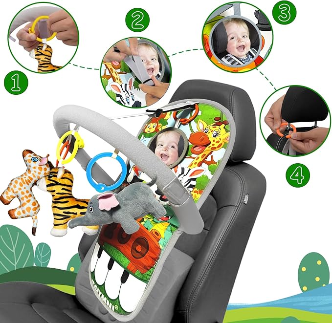 Car Seat Toys for 6-12 Months - Musical Pedal Piano with Baby Mirror, Squeaky Sensory Soft Animal Toys for Rear Facing Carseats