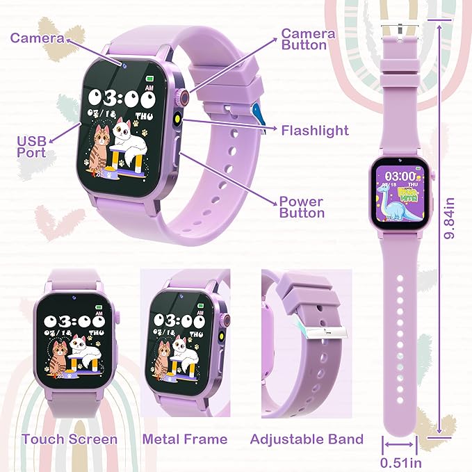Kids Smart Watches Girls Gift for Age 5-12, Watch for Kids with 32 Games HD Touch Screen Video Camera Pedometer Music Player Flashlight 12/24 hr Toys for 5 6 7 8 9 Year Old Girl Birthday Gift