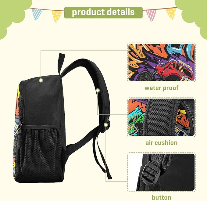 Monster Truck Car Toddler Backpack Waterproof Mini Backpack Boys/Girls Cute Small Backpack Kindergarten Pre School Bags 13 Inch
