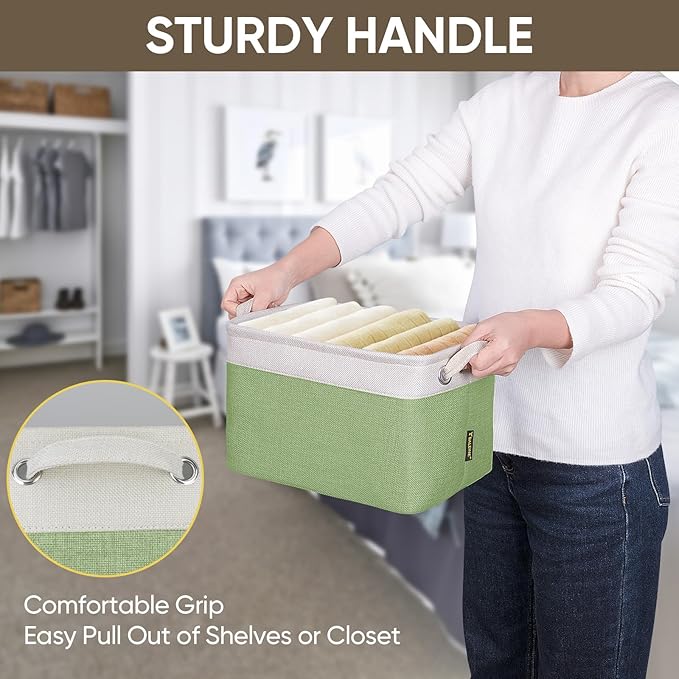 BALEINE 3 Pack Fabric Storage Bins for Shelves, Linen Storage Baskets for Organizing, Decorative Closet Bins for Clothes, Home (Green, 12"x8"x8")