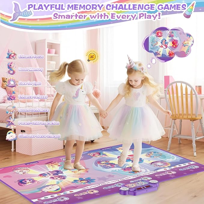 New Mermaid&Unicorn Dance Pad with 2-Players for Kids, Light-up Dancing Mat with Wireless Bluetooth, Birthday for 3 4 5 6 7 8 Year Old Girls Toddlers