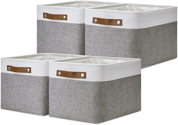 DULLEMELO Fabric Baskets for Storage, Office, Home,Nursery,Organizing Baskets for Shelves, Bedroom, Toys,Gift,Fabric Storage Basket with Handles(White&Grey,15"x11"x9.5",4-Pack)