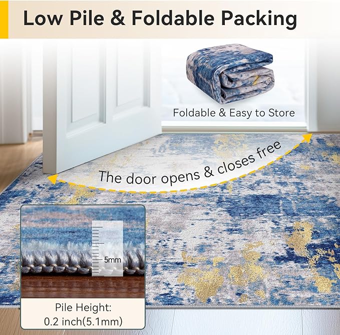 Washable Area Rugs 8'x10' Non-Slip Modern Abstract Soft for Living Room Entryway Bedroom Nursery, Print Pattern, Grey Blue Gold/Golden
