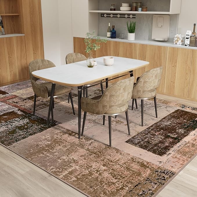 LOCHAS Rug for Living Room, Washable Soft Area Rugs for Bedroom 6x9, Abstract Carpet for Indoor Office Kids Dining Room Nursery Floor, Brown Geometric Vintage Home Decor, Non Slip, Pet Child Friendly