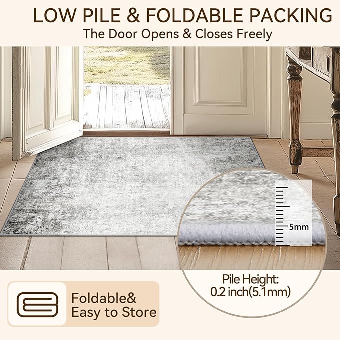 Washable Area Rugs 2'x8' Non-Slip Modern Abstract Soft for Living Room Entryway Bedroom Nursery, Print Pattern, Gray White Grey