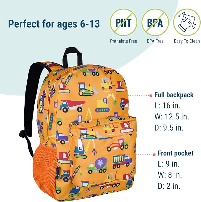 Wildkin 16-inch Kids Backpack – Durable, Padded & Spacious School Bag for Boys & Girls - Under Construction