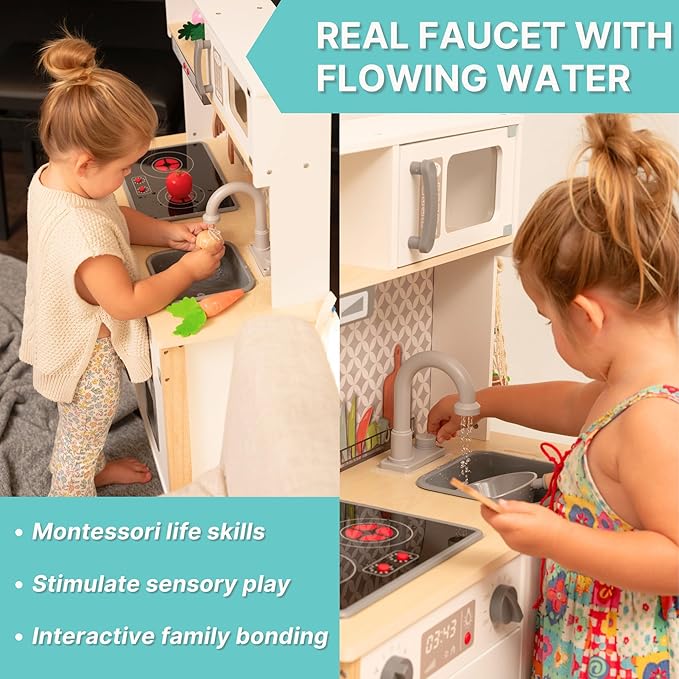 Wooden Play Kitchen for Kids with Working Sink & Faucet Toy – Montessori Sensory Pretend Playset for Toddlers 3-5 – Interactive Kids Kitchen Playset with Lights & Sounds
