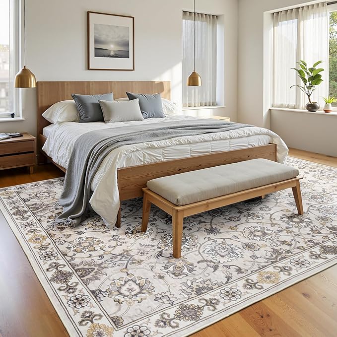 Washable Area Rug 5x7 for Living Room & Bedroom, Large Neutral Floral Rugs, Soft & Non Slip, Low Pile Wool Carpets for Indoor Under Table Dining Home Office Nursery Playroom, Beige