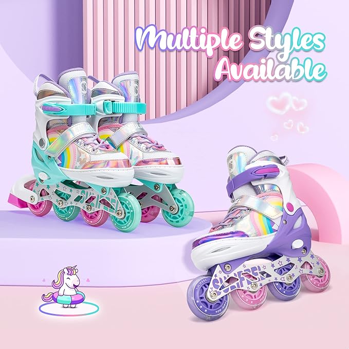 SULIFEEL Rainbow Unicorn Inline Skates for Girls Boys 4 Size Adjustable Light up Wheels Skates for Kids Beginner