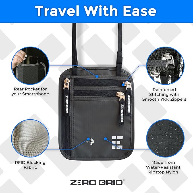 Neck Wallet for Travel & Passport Holder with RFID Blocking - Slim & Easy to Conceal Nylon Travel Pouch for men & women - Holds Phone, Cash, Cards, Keys - Sweat & Water Resistant - Large - Dark Grey