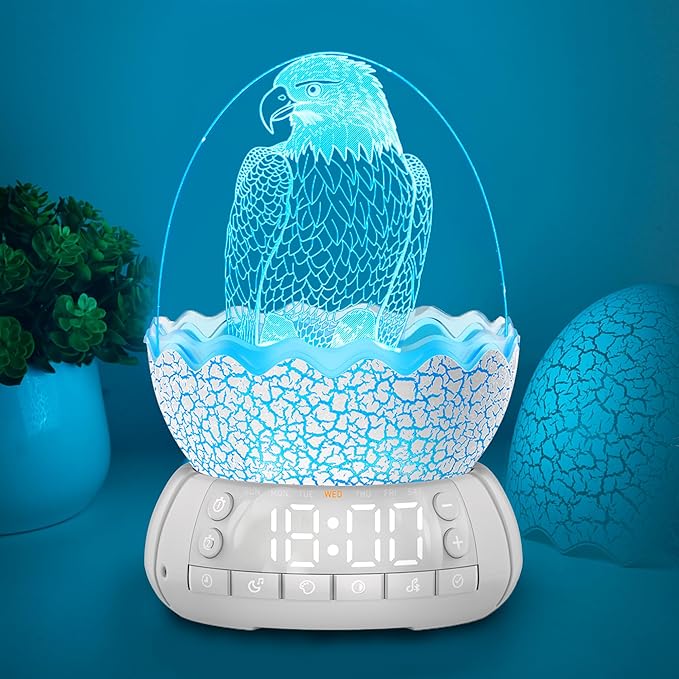 Kids Fun Alarm Clock with Night Light for Bedroom,16 Sleep Sounds Noise Machine& Bluetooth Speaker, 8-Color Dimmable Wake-Up Light with 10/30/60 Minutes Timer, Egg Decorative Light Gift for Boys Girls