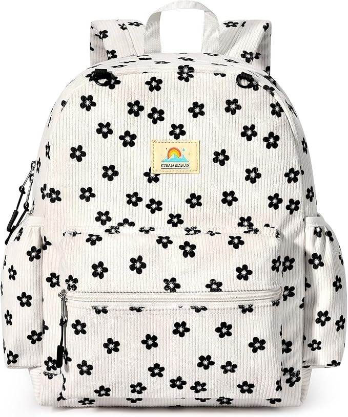 STEAMEDBUN Corduroy Kids Backpack for Girls and Boys 5-8: Girls Backpack for Elementary Kindergarten - 15 inch Cute Backpacks for Kids - Flower