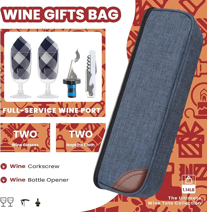ALLCAMP Wine Bag - Insulated Cooler Bag with Wine Glasses, Bottle Opener & Wine Accessories for Wine Lovers - Portable Wine Gift Bag for Travel, Picnics, and Gift Ideas(Blue)
