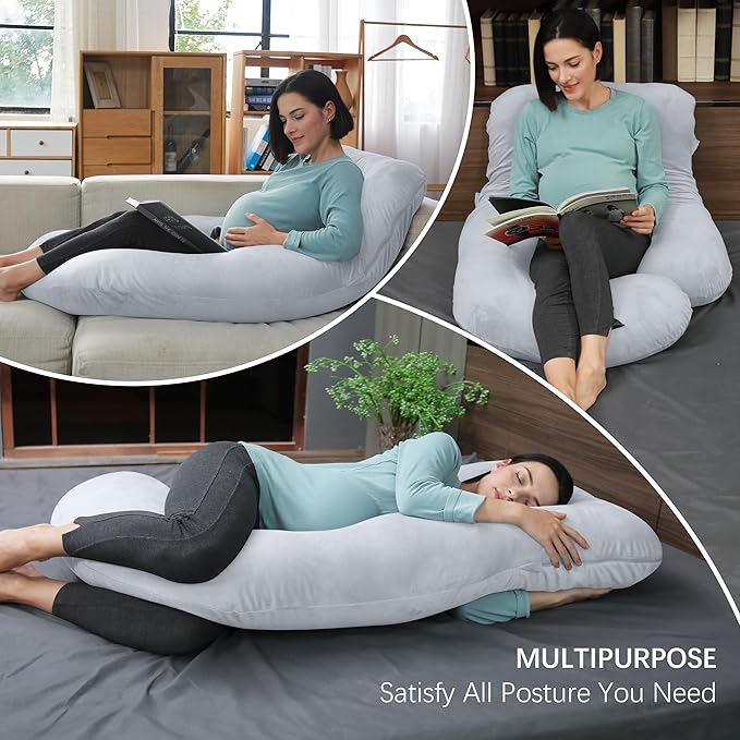 MOON PARK Pregnancy Pillows for Sleeping - U Shaped Full Body Maternity Pillow with Removable Cover - Support for Back, Legs, Belly, HIPS - 65 Inch - Light Grey