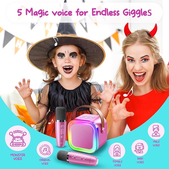 Kinglucky Mini Karaoke Machine for Kids, 2025 TOP Birthday Gifts Ideas for 3-12 Year Old Girls, Christmas Party Gifts Kids' Personal Video Players Accessories with 2 Wireless Microphones - Rose Pink