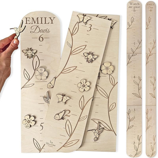 Personalized Wooden Growth Chart for Wall - Custom Name Kids Measurement Growth Chart for Girls, Child Height Measuring Chart Wooden, Baby Height Chart Wall Ruler Wood Wildlife Butterfly, 2 Sizes