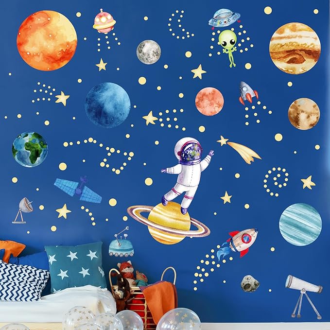 Watercolor Solar System Wall Decals, Glow in The Dark Stars, Kids Planets Sticker for Ceiling, Astronaut Wall Stickers for Bedroom（Green）