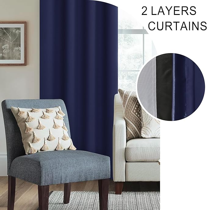 XWZO 100% Blackout Curtains 63 Inches Long with Tiebacks- 2 Layers Full Light Blocking and Thermal Insulated Black Liner Rod Pocket Curtains for Bedroom/Living Room, Navy Blue, W42 x L63, Set of 2