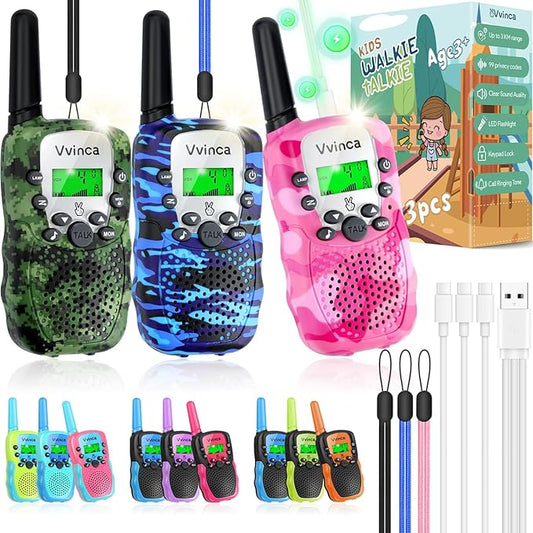 Vvinca Walkie Talkies for Kids Rechargeable 3 Pack, Army Toys for Boys Girls Ages 3-13 Outdoor Military Camping Toy Birthday Gift, Walkie-Talkie 3KM Long Range 2 Way Radios 22 CH with Flashlight