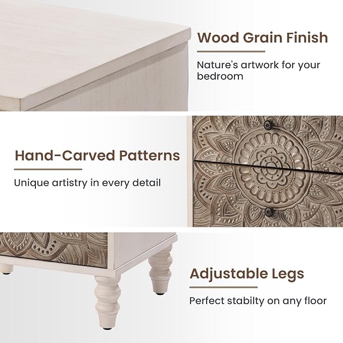 HOMPUS White Nightstand with 2 Drawers, Lotus Flower Carved Wood Bedside Table - Image 4