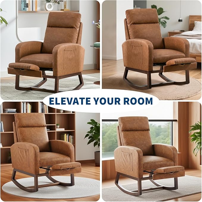 Rocking Chair Nursery with Foot Rest, Modern PU Upholstered Reading Glider Rocker Accent Armchair with High Backrest, Padded Seat, Side Pocket, for LivingRoom, Bedroom, Baby Room, Brown