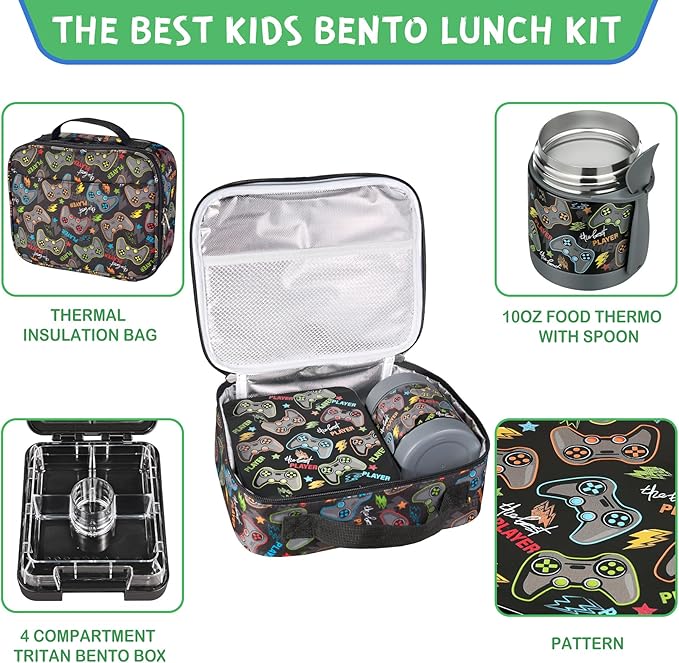 Bento Lunch Box Set With 10oz Soup Thermo, Leak-proof Lunch Containers with 4 Compartment, Kids Hot Thermo Food Jar/Insulation Lunch Bag, Food Containers for School (Black-Games)