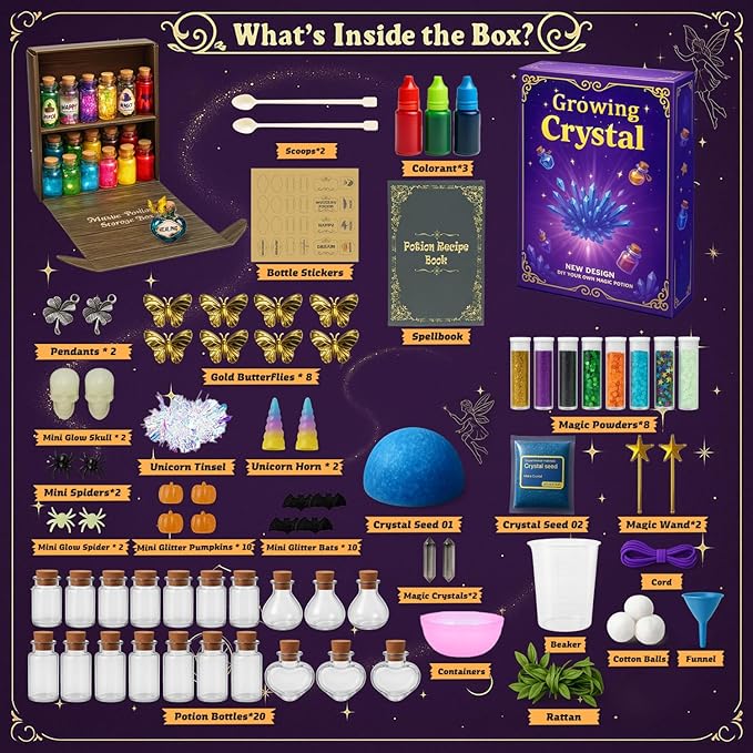 AMIZEY Fairy Potion Kit for Kids with Crystal Growing Toy - 20 Bottles - Gifts for Girls Ages 6-12