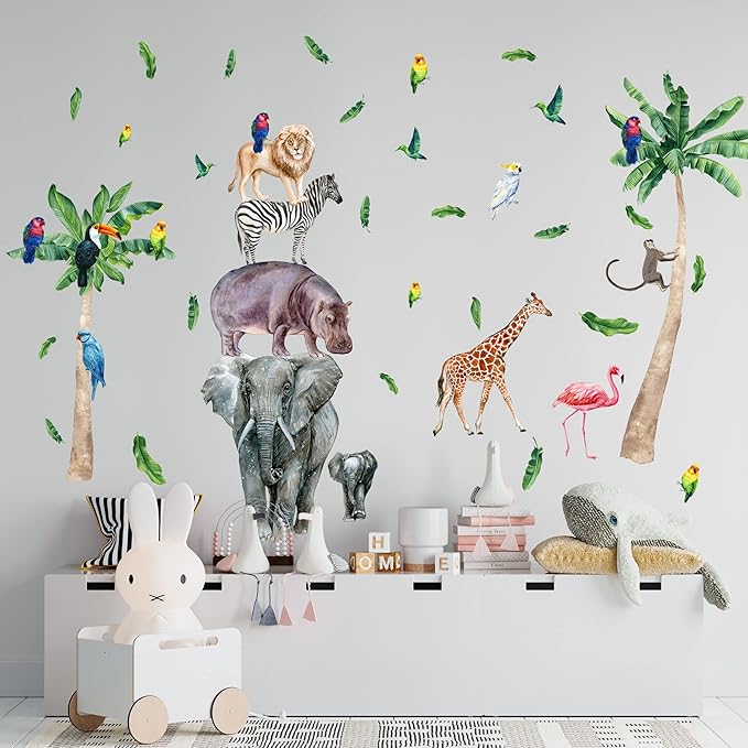 Safari Animal Wall Decals for Kids by Lipastick-Peel and Stick Jungle Stickers Giraffe, Elephant, Hippo, Palm Tree, Parrot for Toddlers Room, Nursery, Playroom, Classroom, Daycare Decor Art- L Size
