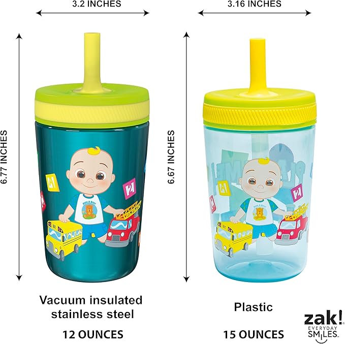 Zak Designs CoComelon Kelso Tumbler Set, Leak-Proof Screw-On Lid with Straw, Bundle for Kids Includes Plastic and Stainless Steel Cups with Bonus Sipper (3pc Set, Non-BPA), 15 fluid ounces