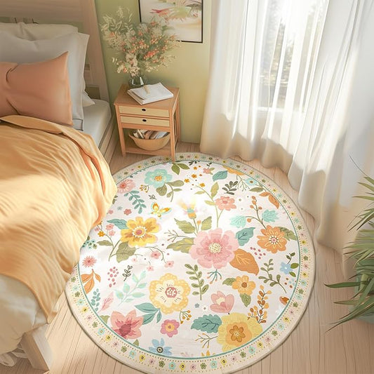 Floral 4ft Area Rug Machine Washable Soft Print Boho Carpet Non Slip Doormat Low Pile Flower Area Rugs for Living Room Bedroom Nursery Kitchen Dining Room Indoor-Beige/White/Orange