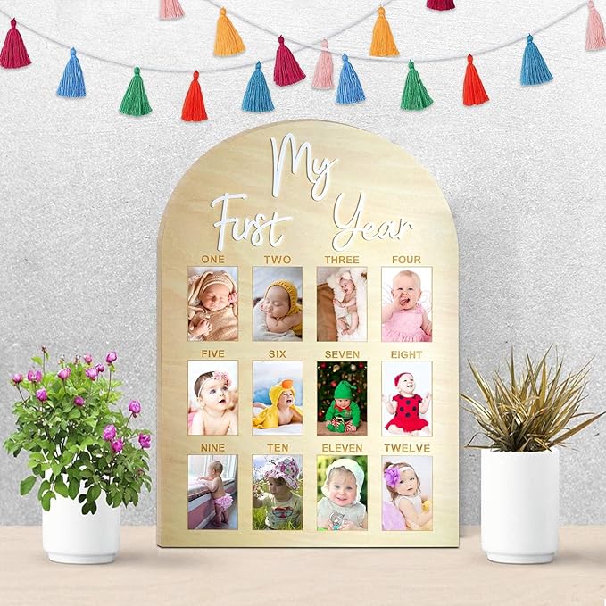 One Year Birthday Wooden Photo Board My First Year Milestone Photo Board 12 Monthly Picture Frame Baby First year Wood Acrylic Sign 1st Birthday Decorations Baby Keepsake Gift (2" x 3" photos - Wallet Size)