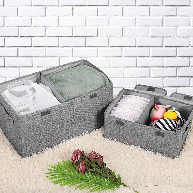 2 Pack Storage Boxes with Lids and Handles, Collapsible Linen Storage Bins Organizer Containers Baskets Cube with Removable Divider for Home Bedroom Closet Office (Green, Small)