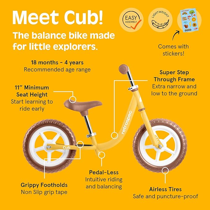 Retrospec Cub Toddler 12" Balance Bike, 18 Months - 3 Years Old, No Pedal Beginner Kids Bicycle for Girls & Boys, Flat-Free Tires, Adjustable Seat, & Durable Frame