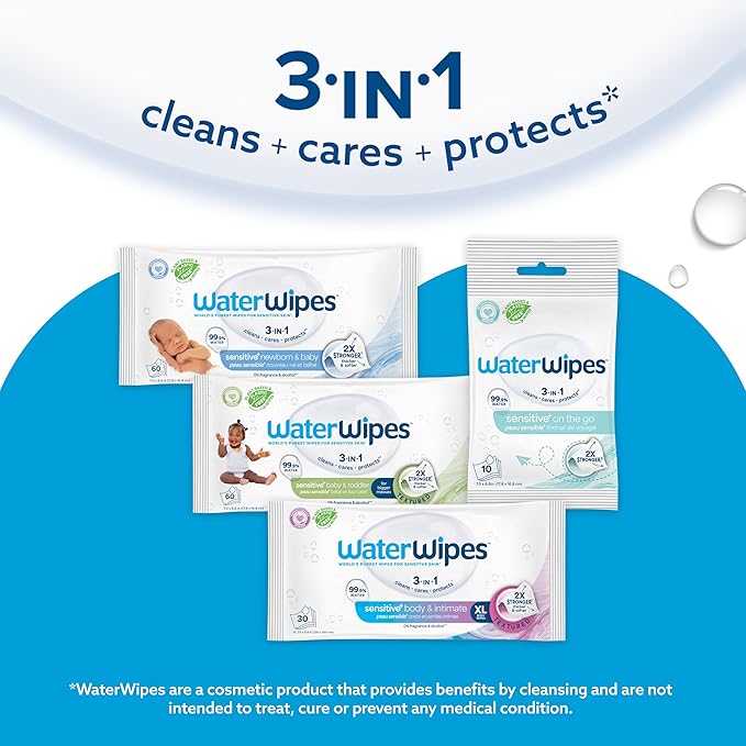 WaterWipes Sensitive+ Newborn & Baby Wipes, 3-In-1 Cleans, Cares, Protects, 99.9% Water, Unscented & Hypoallergenic, 300 Count (5 Packs)