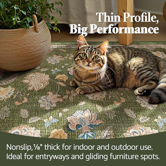 jinchan Floral Corner Rug for Kitchen Washable Nursery Rug Vintage Romance Design Non Slip Quarter Circle Lightweight Low-Pile Throw Carpet for Playroom Reading Nook Office, 5ft Radius, Green