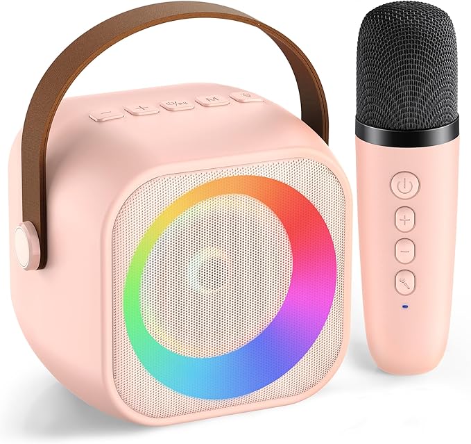 Mini Karaoke Machine for Kids Adults, Portable Bluetooth Speaker with Wireless Microphone, for Girls 4,5,6,7,8,9,10,12 Year Old Karaoke Toys Birthday Gifts Home Party (Pinkcolor 1 Mic)