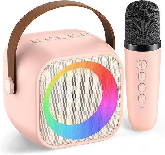 Mini Karaoke Machine for Kids Adults, Portable Bluetooth Speaker with Wireless Microphone, for Girls 4,5,6,7,8,9,10,12 Year Old Karaoke Toys Birthday Gifts Home Party (Pinkcolor 1 Mic)