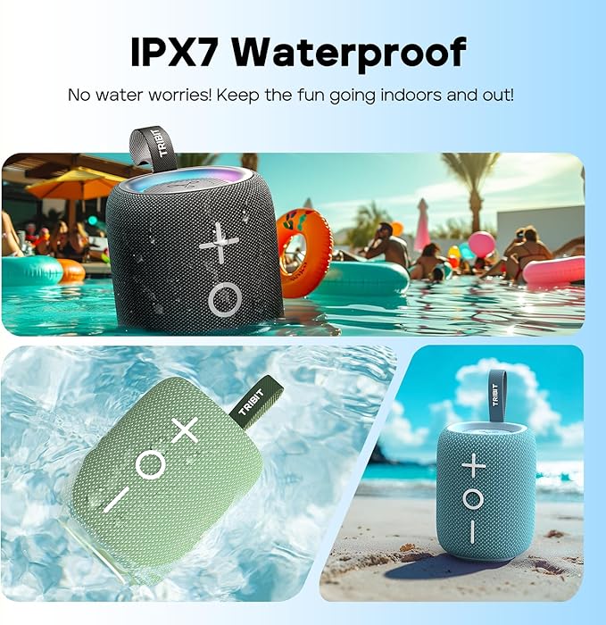 Tribit StormBox Mini+ Portable Bluetooth Speaker, 12W Wireless Speaker with 360°Surround Sound, 12H Playtime, Custom EQ, BT5.4, IPX7 Waterproof, RGB Lights, Type-C, TWS, AAC/SBC, Home/Outdoor/Travel