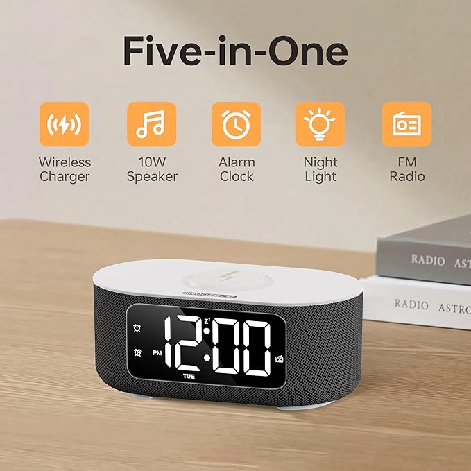 JALL Fabric Alarm Clock for Bedroom, with Big Led Screen Display, Bluetooth Stereo Sound Speaker, FM Radio, Fast Wireless Charging, USB Charging Port, Nightlight, White Noise, Ideal for Gift, Black