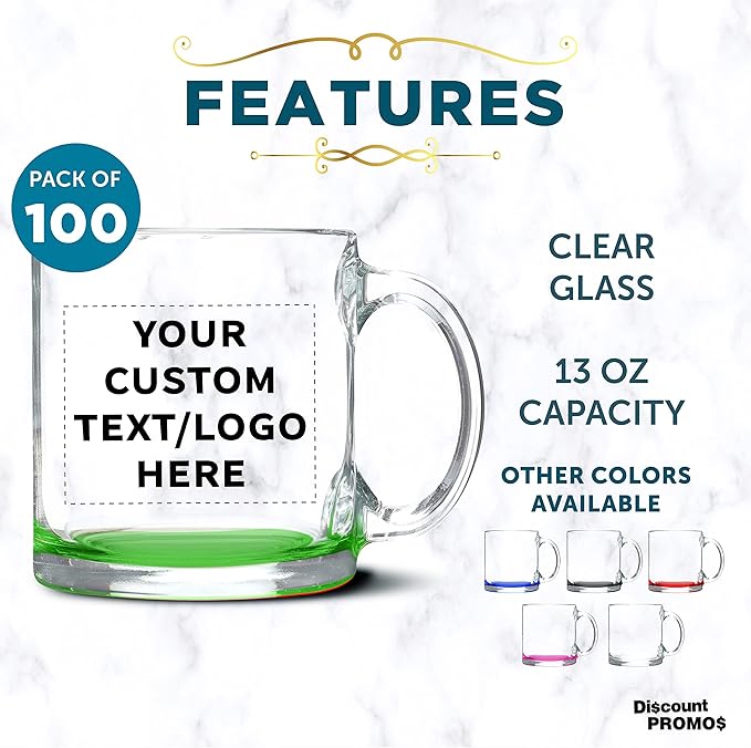 Custom Libbey Clear Glass Coffee Mugs 13 oz. Set of 100, Personalized Bulk Pack - Perfect for Coffee, Tea, Espresso, Hot Cocoa, Other Beverages - Green Bottom