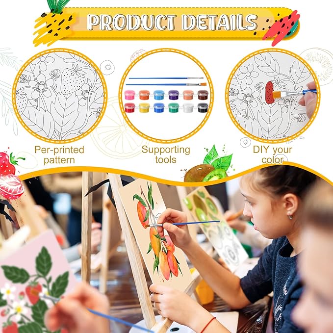 Blosssound 10 Set Pre Printed Canvas Pre Drawn Canvas Painting with Easel Kits 5" x 7" Outline Painting Panels for Beginners, DIY Craft Project, Party Favor, Home Decors(Fruit)