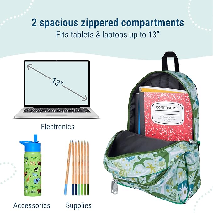Wildkin 15-inch Kids Backpack – Durable, Padded, Adjustable for School & Travel - Dinomite Dinosaurs