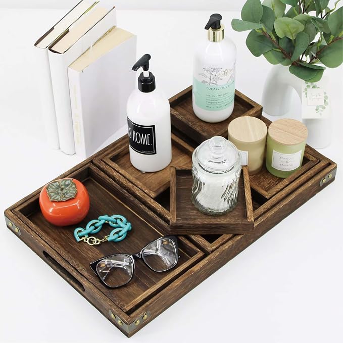 5-Piece Rustic Wooden Serving Tray Set, Handcrafted Nesting Trays - Image 5