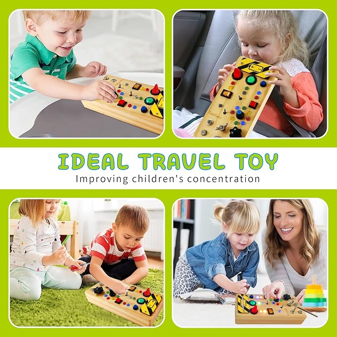 TenFans Montessori Busy Board with 8 LED Light Modes - Sensory Toys for 1-3 Year Olds & Airplane Travel, Wooden Activity Board Develops Fine Motor Skills