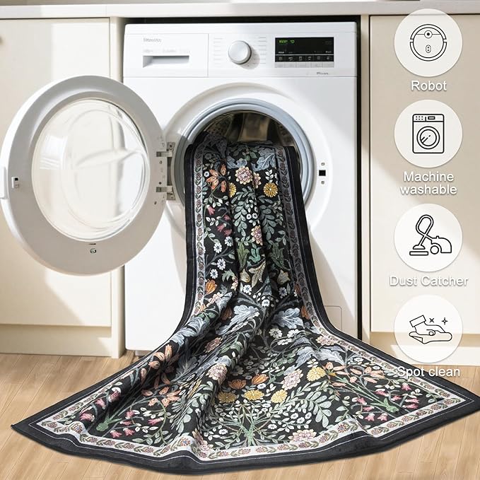 Runner Rug for Entryway: 2x10 Kitchen Rugs Non Slip Washable Ultra Soft Floral Carpet Indoor Stain Resistant Carpets for Hallway Bedroom Kitchen Laundry Bathroom Dorm Dark Black
