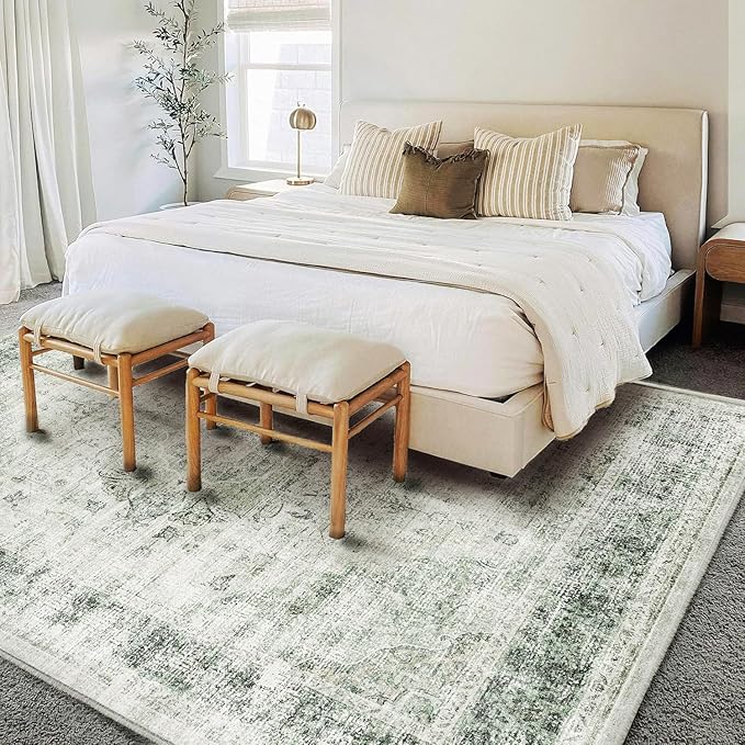 Washable Area Rug 8'x10' Floral Green Retro Boho Design Non-Shedding Non-Slip Easy Care Ideal for High Traffic Areas in Living Room Bedroom Office Coffee Table Kitchen Large Carpet