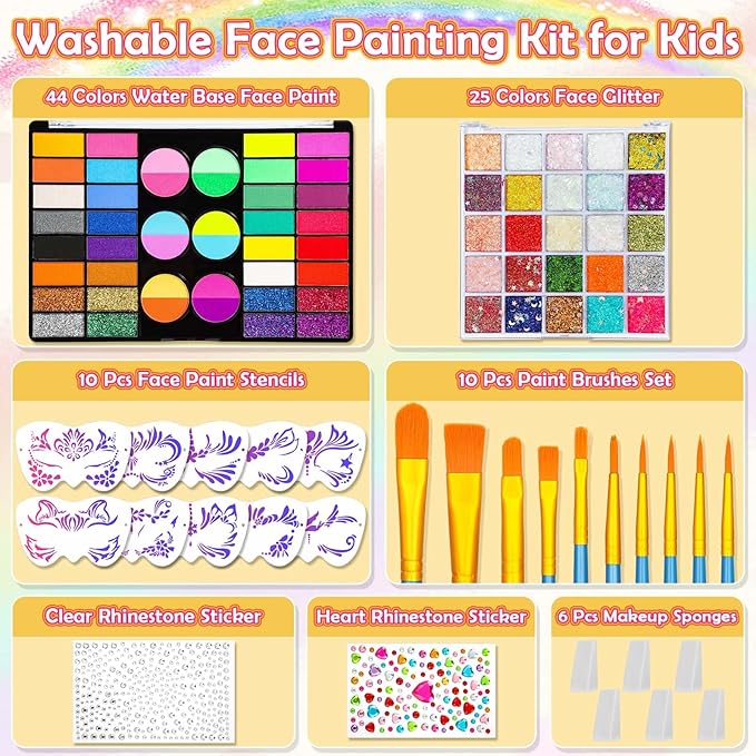 Professional 69 Colors Face Painting Kit for Kids – Washable Skin Watercolor Non-Toxic Body Paint Face Glitter Makeup Palette with Stencils, Gems, Brushes– for Kids Party Cosplay Halloween FX